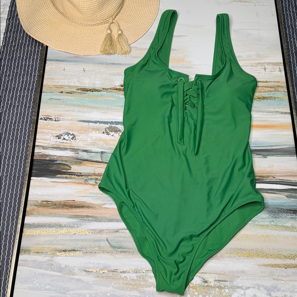 Aerie Green Lace-Up One Piece Swimsuit